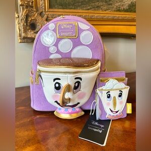 NWT Loungefly Disney Beauty & the Beast Chip Corduroy Mini Backpack & Card Case